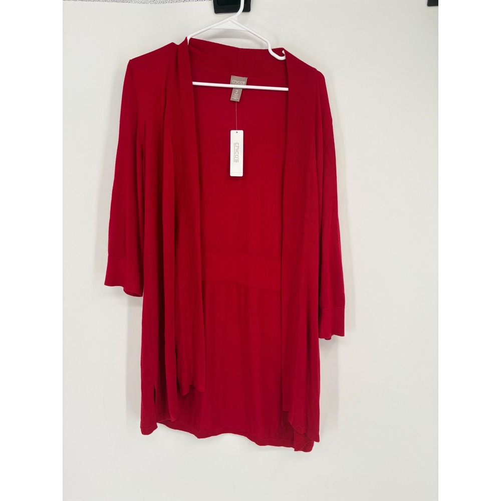 Chico's Cardigan Women 2 Red Hollie Cardi Open Front 3/4 Sleeve Longline Knit